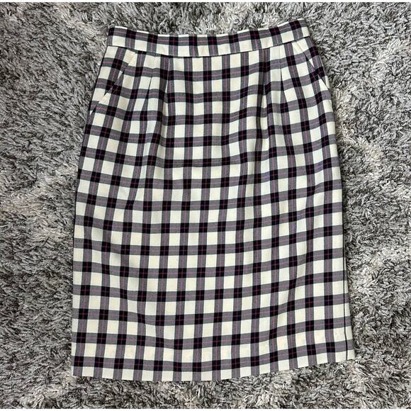 Vintage Talbots Plaid Wool Pencil Straight Skirt Black Pink Pleated High Waist - Picture 1 of 10